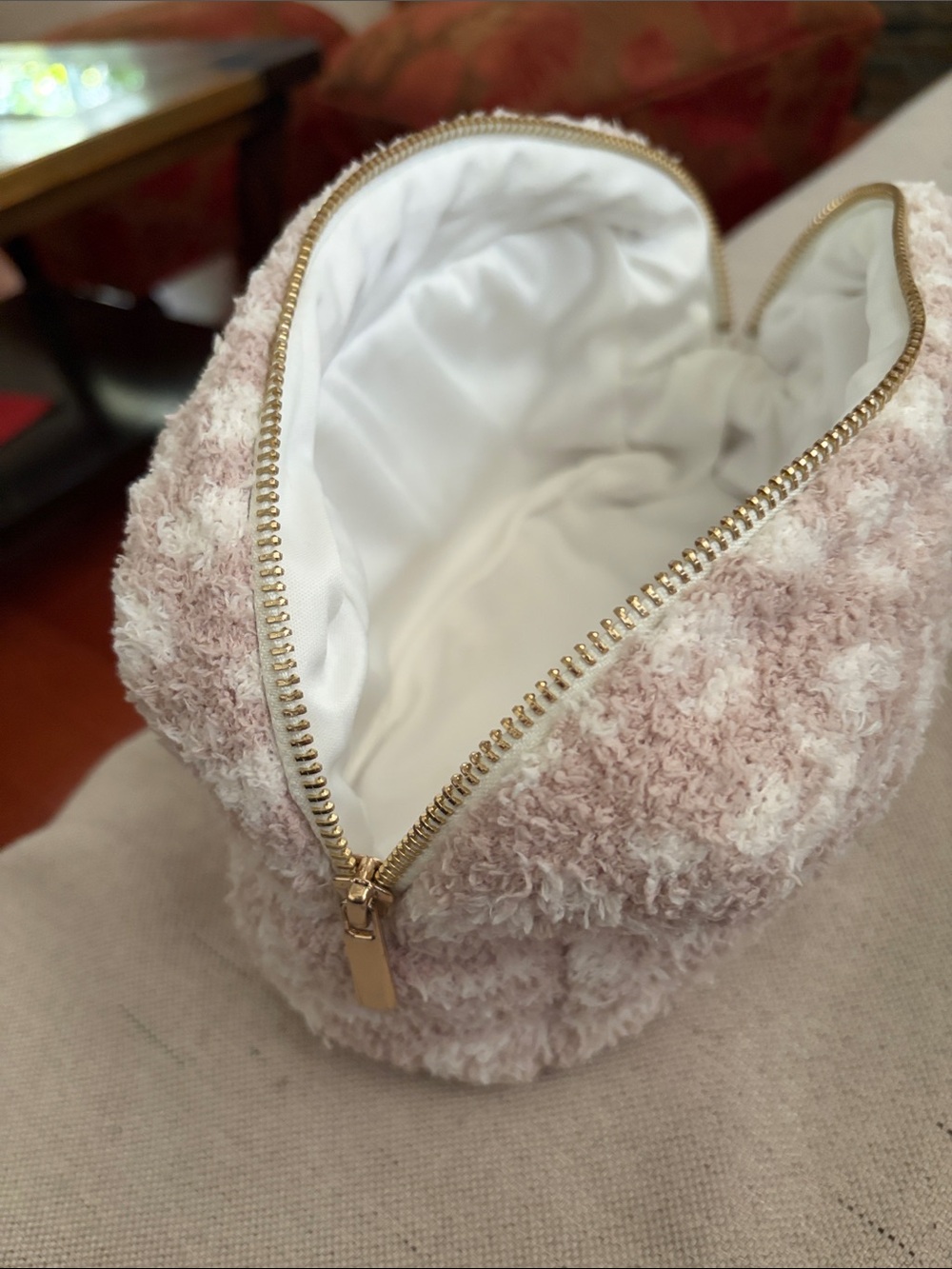 Plush Blush Pink Textured Cosmetic Pouch with Gold Zip